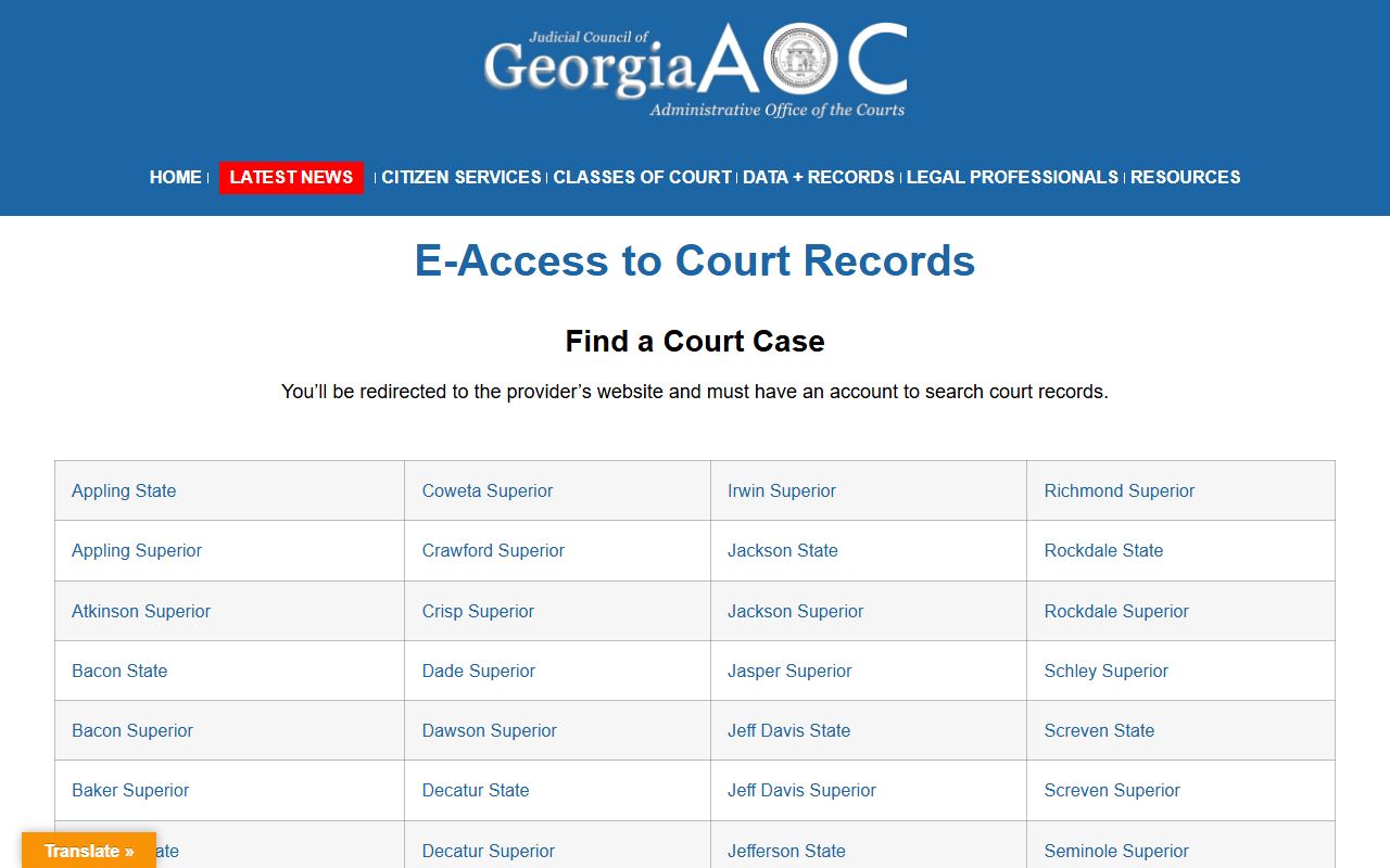 Early County court records after arrest Georgia Courts E-Access routing page